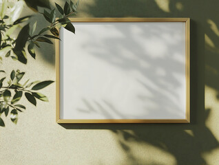close up of horizontal blank white DIN A ratio canvas with thin antique gold frame on white wall centered on dark olive green wall soft warm afternoon sunlight shini