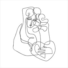 One Line Continuous Drawing of Abstract Face as Symbol Spring Blooming or Women Love to Plants Isolated on White. Contemporary art modern simple style for printable design, hygge mood, boho style.