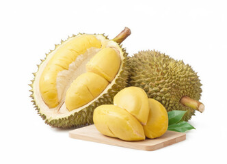 Fototapeta premium A piece of fruit with a green leaf on top of it. The fruit is a durian