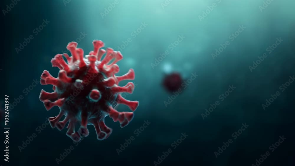 Aufkleber Microscopic view of a red and dangerous virus floating in a dark, teal environment, representing the spread of contagious diseases like monkeypox and coronavirus