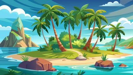 Obraz premium A tranquil tropical island surrounded by calm waters and lush greenery under a bright blue sky with scattered clouds