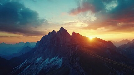 A majestic mountain landscape at sunrise, symbolizing spiritual awakening and devotion.