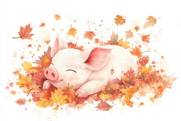 A cute, sleeping piglet surrounded by colorful autumn leaves, capturing a peaceful and cozy fall...