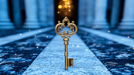 ornate golden key unlocking glowing doorway, mystical atmosphere