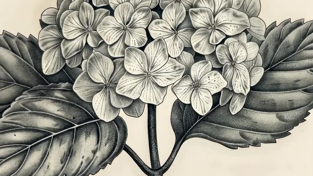 A close-up black and white illustration of a hydrangea flower