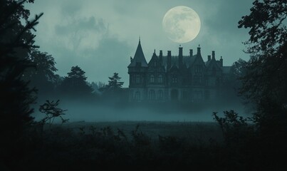 Haunted Victorian Mansion Silhouetted Against Ominous Full Moon and Foggy Forest Landscape.
