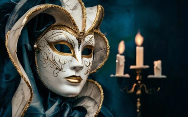 White and gold venetian mask with blue background and lit candles.
