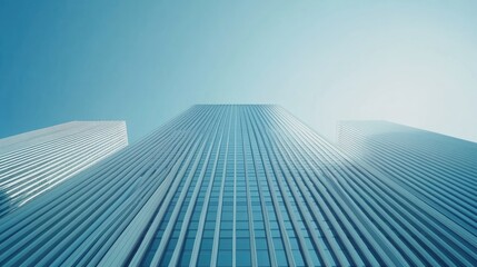 A minimalist architectural shot featuring striking vertical lines against a clear blue sky.