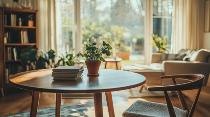 Fototapeta premium A cozy living room with a wooden table, a potted plant, and a stack of books. The room is filled with natural light from a large window.