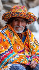 Obraz premium Portrait of an Andean Man Wearing a Colorful Hat and Traditional Clothing