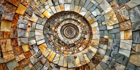 Fototapeta premium Colorful stone patterns create a mesmerizing circular design. This artistic image showcases the beauty of natural texture in a unique way. Perfect for art, decor, or background uses. AI