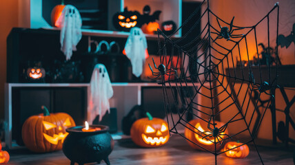A Halloween themed room with a spider web decoration and several pumpkins. Scene is spooky and festive