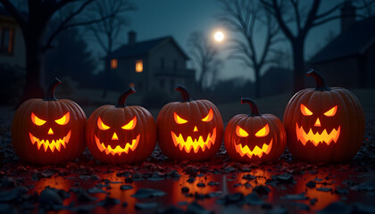 Fototapeta premium Halloween Shadows: AI-Rendered Evil Faces on Glowing Pumpkins 