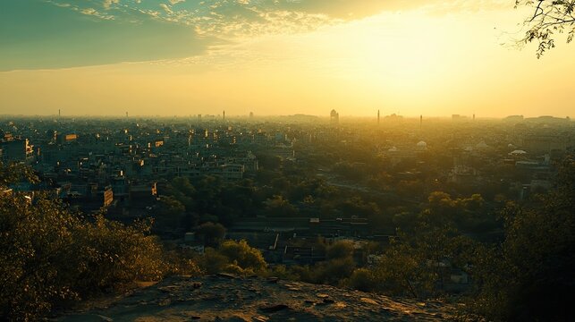 A panoramic view of Mehrauli's skyline with historical landmarks visible against the horizon.
