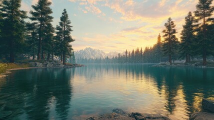 A peaceful lake surrounded by towering pine trees, with crystal-clear water reflecting the brilliant colors of a sunset sky.