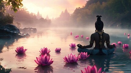 A peaceful representation of Krishna meditating by a river, with lotus blossoms floating gently on the water's surface.