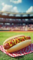 This vibrant hot dog, smothered in mustard and relish, sits invitingly on a picnic blanket as fans enjoy a lively day at a sporting event in the sunshine