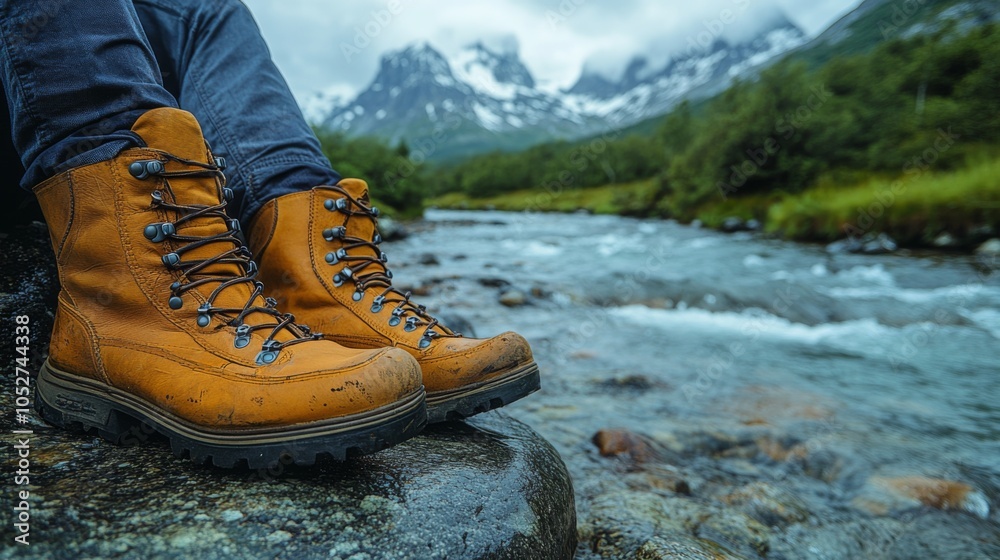 Poster a pair of sturdy hiking boots sits atop a rock near a rushing mountain river. lush greenery and impo