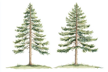Obraz premium Two detailed illustrations of evergreen trees showcasing their natural beauty and distinct features.