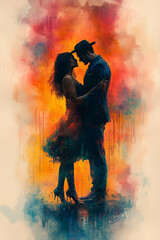 Passionate Salsa Dance Silhouette in Vibrant Watercolor