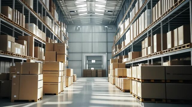 A warehouse filled with stacked boxes, a common sight in the world of distribution and logistics