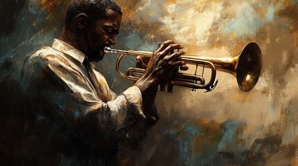 A black man in a white shirt plays a trumpet in a painted portrait.
