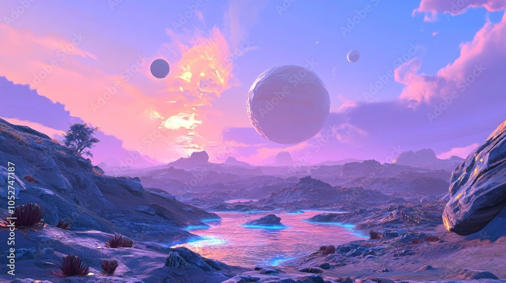 Wall mural a stunning alien landscape with three moons in the pink and purple sky. a river of blue water flows 