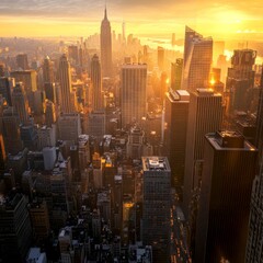 Obraz premium A stunning sunset over a bustling city skyline. The golden light reflects off the tall buildings, creating a breathtaking view. This image captures urban life and architecture. AI