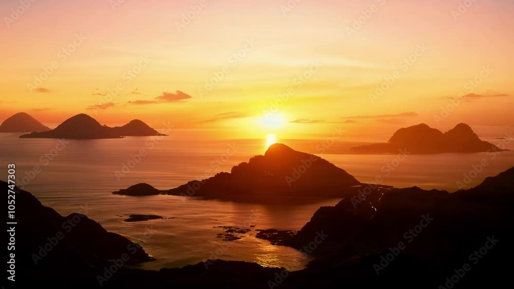 Poster series of six images showing the sun rising over a group of tropical islands. the warm colors of the