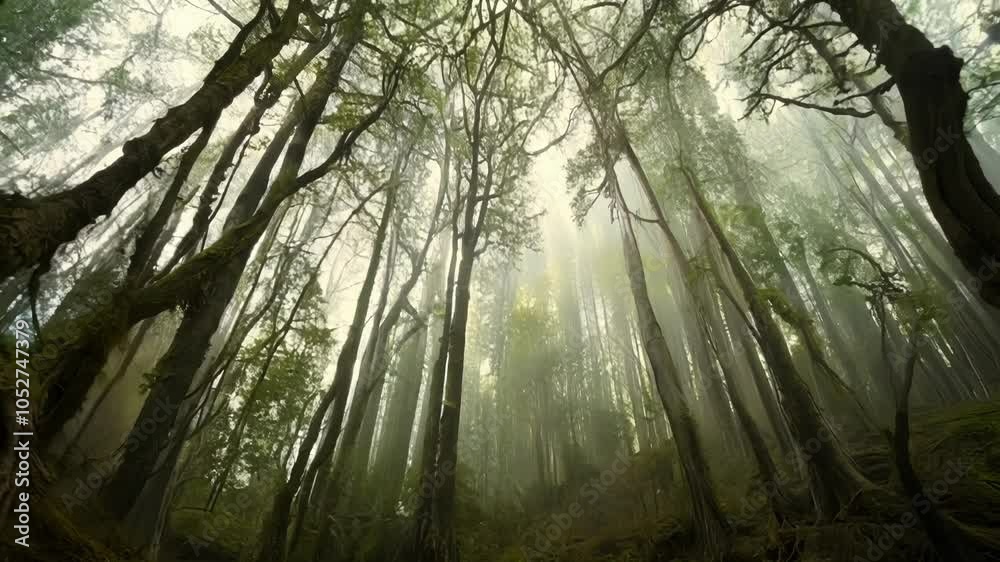 Aufkleber Light rays are shining through the canopy of a primeval rainforest. Surreal atmosphere with fog and lush green vegetation