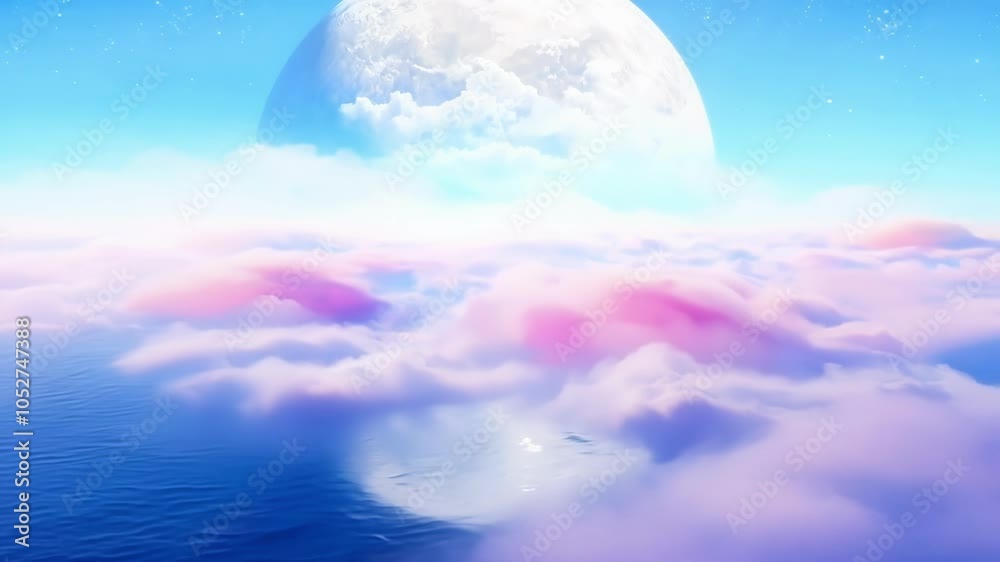 Poster surreal scenery showcases a glowing moon with visible craters reflecting on a tranquil water surface
