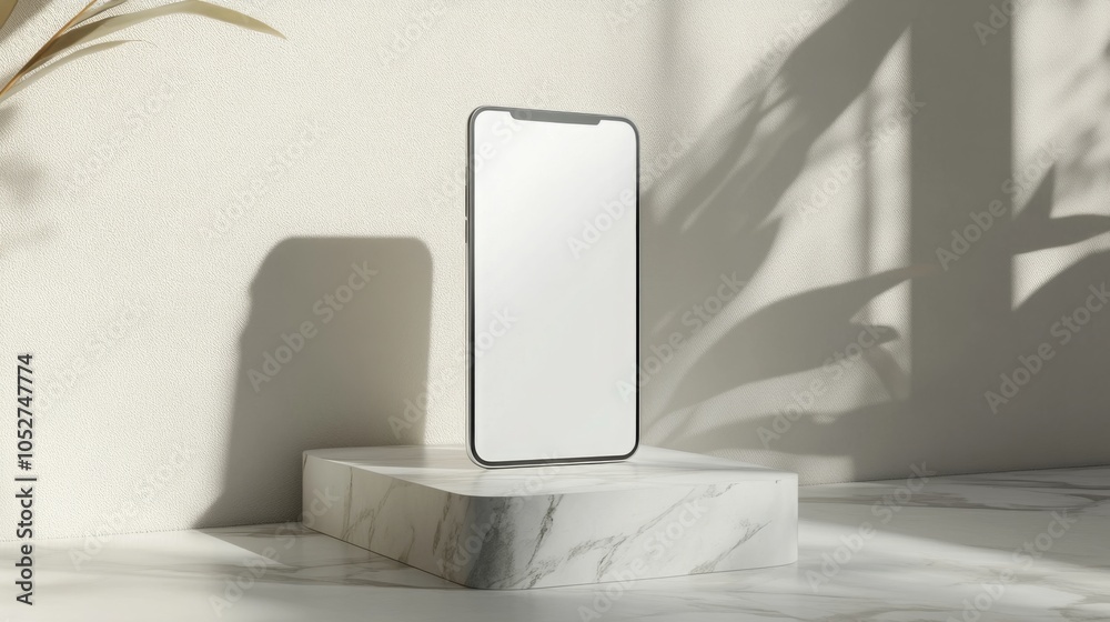 Aufkleber the sleek smartphone stands upright on a polished marble surface, basking in soft sunlight that crea
