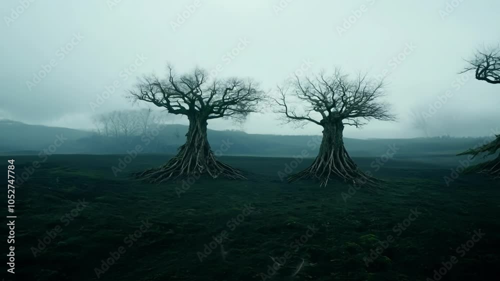 Poster Surreal view of a desolate landscape with two bare trees standing on dark green ground. The camera is panning slowly to the right, revealing more of the misty and mysterious scenery