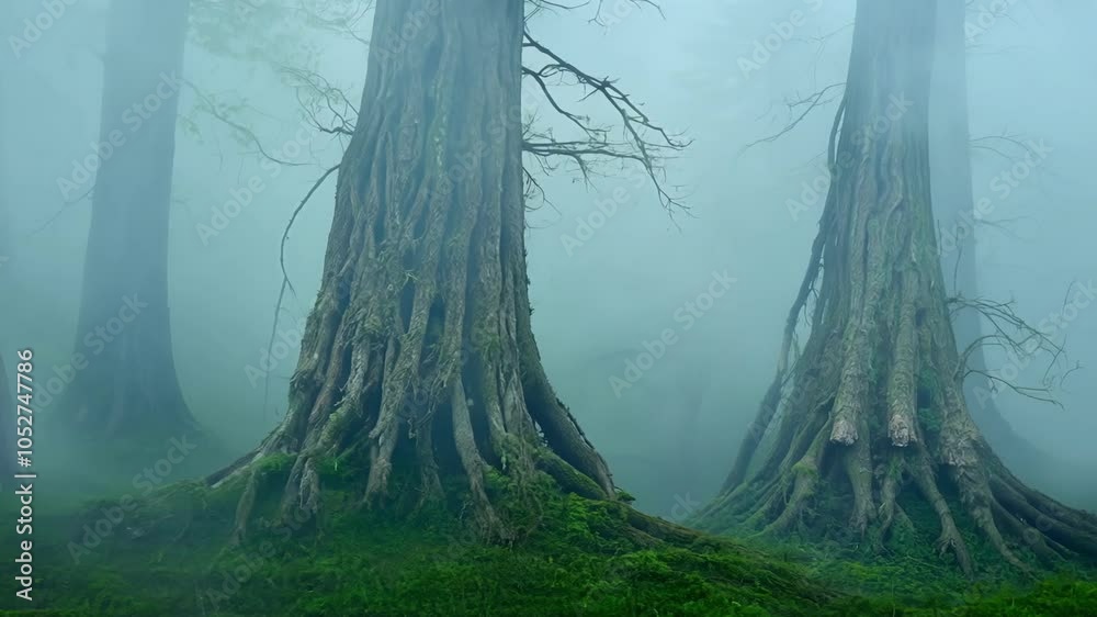 Poster Eerie fog envelops two gnarled trees with large roots in a lush, mossy forest. The atmosphere creates a surreal and mystical scene, enhancing the forest's mysterious beauty