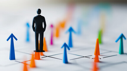 abstract business man stands on the peak of success amid tall, innovative Arrows point the way to success. and graphs with statistics to analyze business potential and predict future developments in