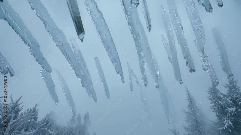 Poster Surreal sequence of icicles falling from a roof in a snowy landscape. The camera captures the falling ice against a backdrop of snow covered trees and a cloudy sky