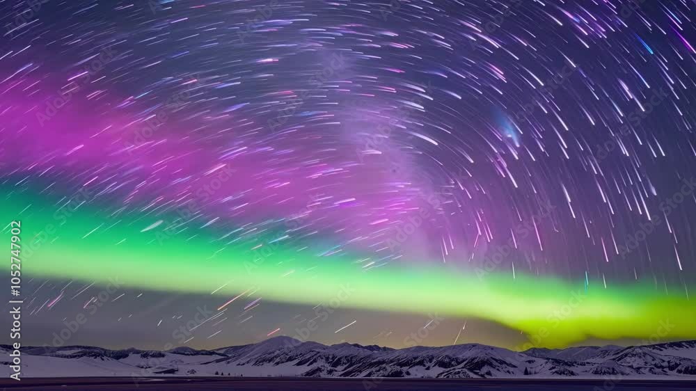 Aufkleber Mesmerizing display of colorful aurora borealis dancing across the night sky, creating an ethereal and surreal atmosphere above a snowy mountain range