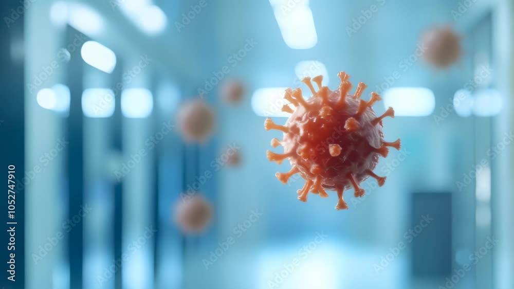 Poster monkeypox virus particles are floating in a hospital corridor, representing the spread of infectious