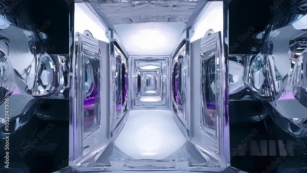 Poster Exploring an infinite crystal corridor filled with dazzling reflections, geometric patterns, and vibrant purple hues, creating a surreal visual experience