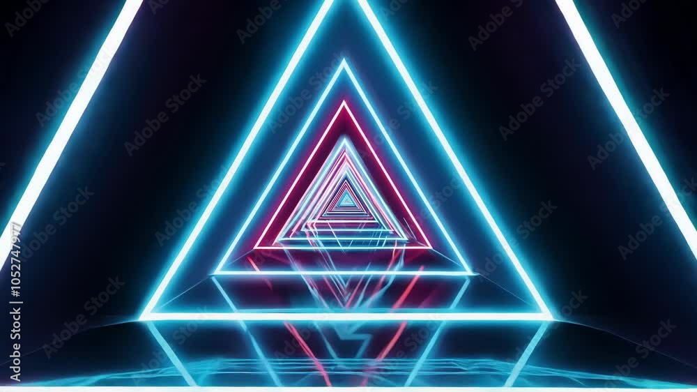 Poster Neon triangles create a mesmerizing corridor, continuously shifting colors. Surreal animation immerses viewers in a vibrant virtual world filled with dynamic light and abstract geometry