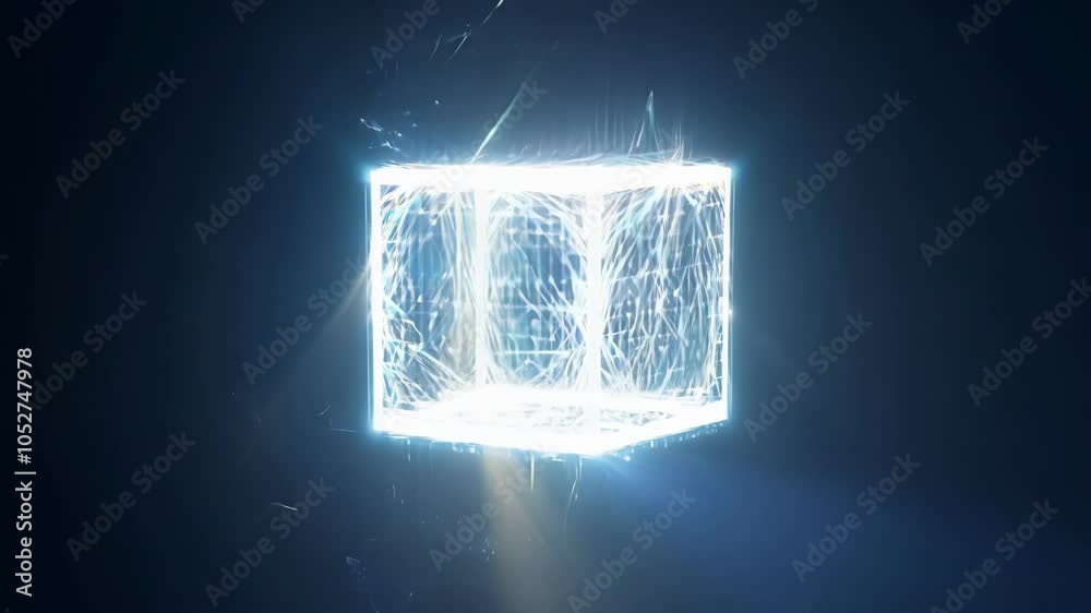 Aufkleber Futuristic luminous cube rotates, emitting light particles against a dark background. This captivating scene combines technology and abstract design, creating a mesmerizing visual experience