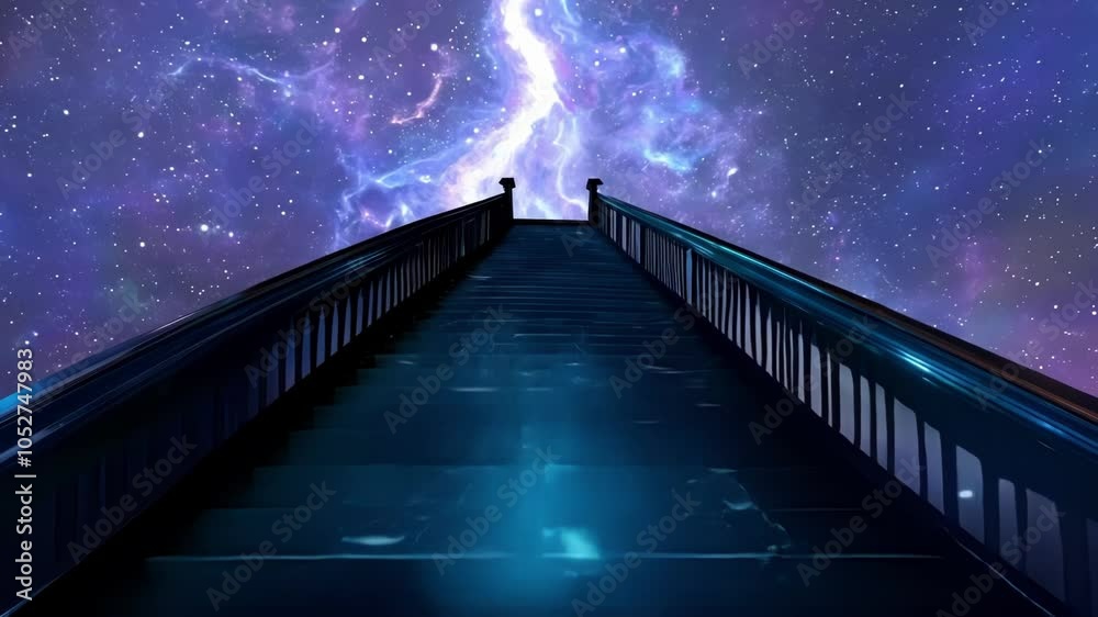 Poster Capturing a mystical journey up a staircase, leading towards a vibrant, otherworldly galaxy. Light and color blend to create a surreal, dreamlike atmosphere