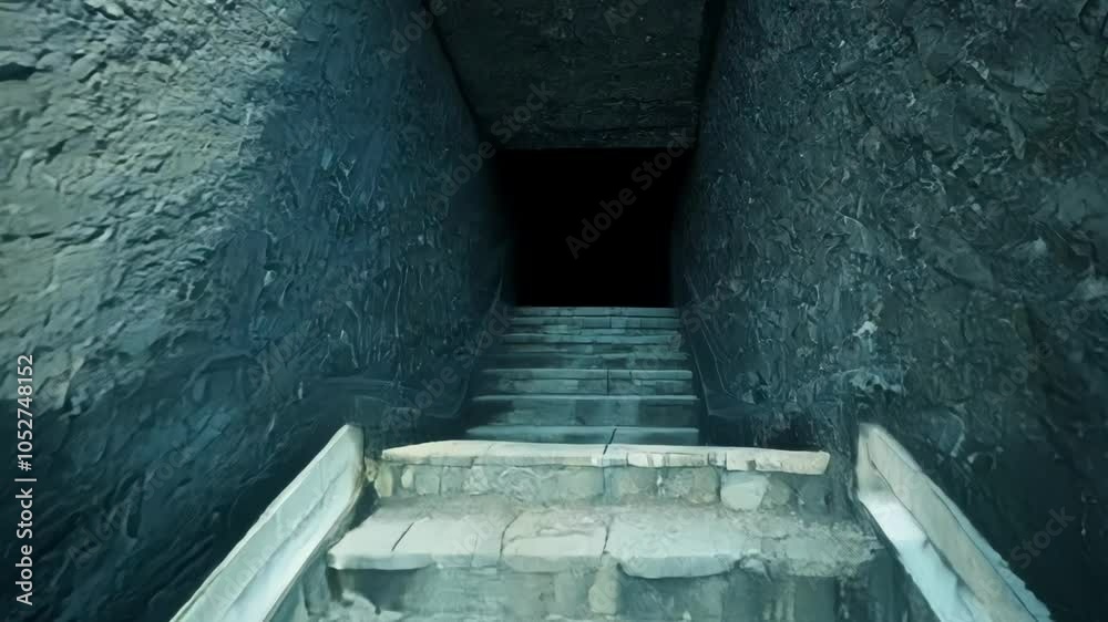 Poster light fading, darkness approaches from the end of a surreal stone corridor lined with steps. the atm