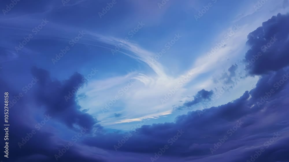 Poster gathering clouds create a mesmerizing swirl in the expansive blue sky, forming a surreal and dramati