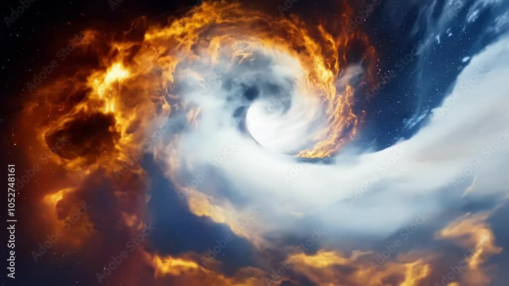 Poster fiery vortex engulfs the moon in the night sky, creating a surreal animation of a celestial inferno.