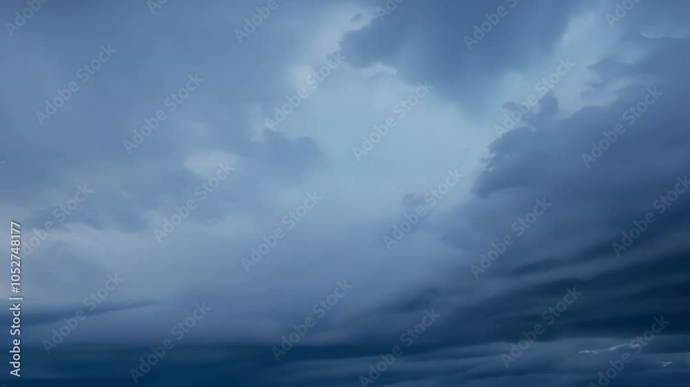 Poster ominous dark clouds gather in the sky, forming surreal shapes and creating a mysterious atmosphere. 