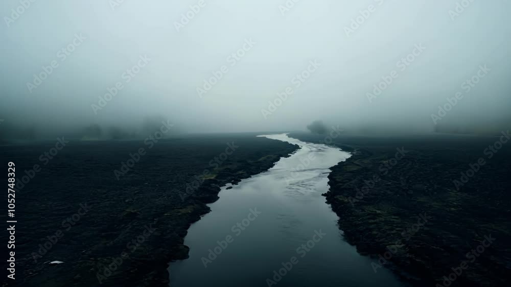 Poster fog envelops a dark, winding river, creating a surreal and mysterious landscape. the atmosphere feel