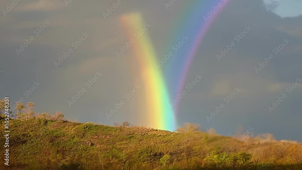 Aufkleber Bright rainbow is moving across a hilltop with a cloudy sky in the background. The rainbow's movement creates a surreal and mesmerizing effect