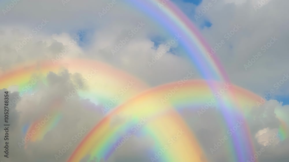 Poster two rainbows are morphing in a cloudy sky. this surreal stock footage is perfect for projects that e
