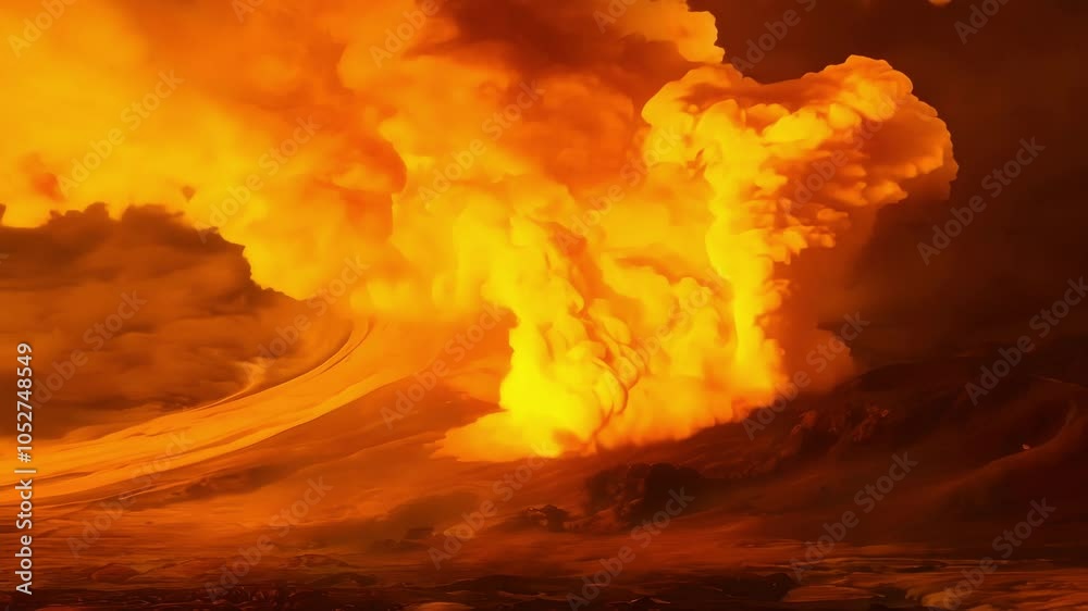 Poster Massive fireball erupts from a volcano, sending a plume of smoke and ash into the air. The intense heat and power of nature are on full display in this dramatic scene